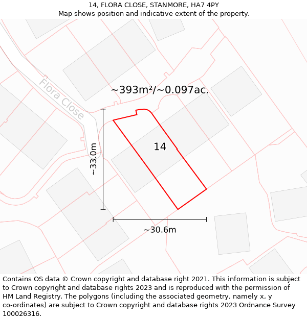 14, FLORA CLOSE, STANMORE, HA7 4PY: Plot and title map