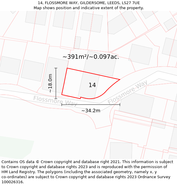 14, FLOSSMORE WAY, GILDERSOME, LEEDS, LS27 7UE: Plot and title map