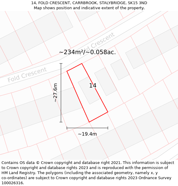 14, FOLD CRESCENT, CARRBROOK, STALYBRIDGE, SK15 3ND: Plot and title map