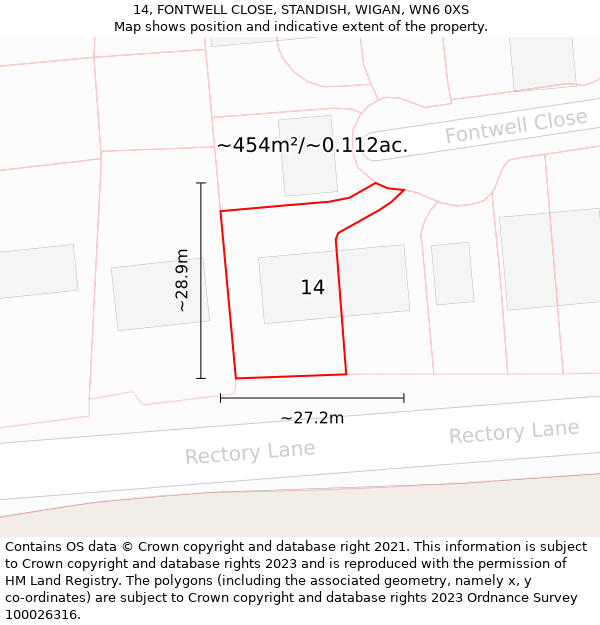 14, FONTWELL CLOSE, STANDISH, WIGAN, WN6 0XS: Plot and title map