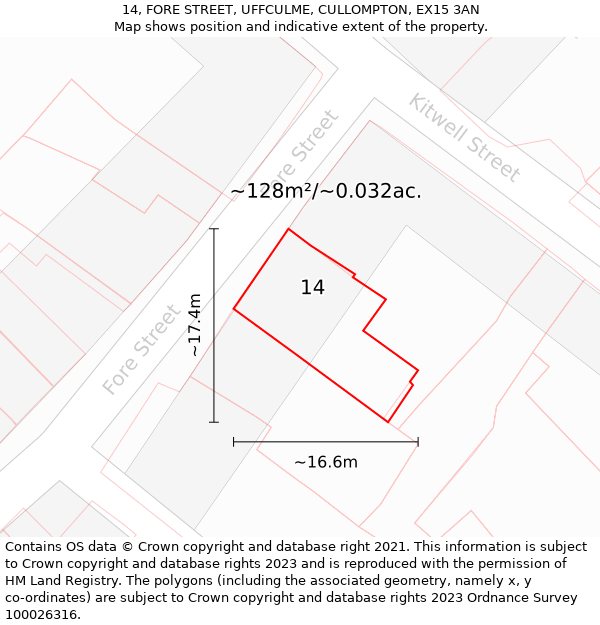 14, FORE STREET, UFFCULME, CULLOMPTON, EX15 3AN: Plot and title map