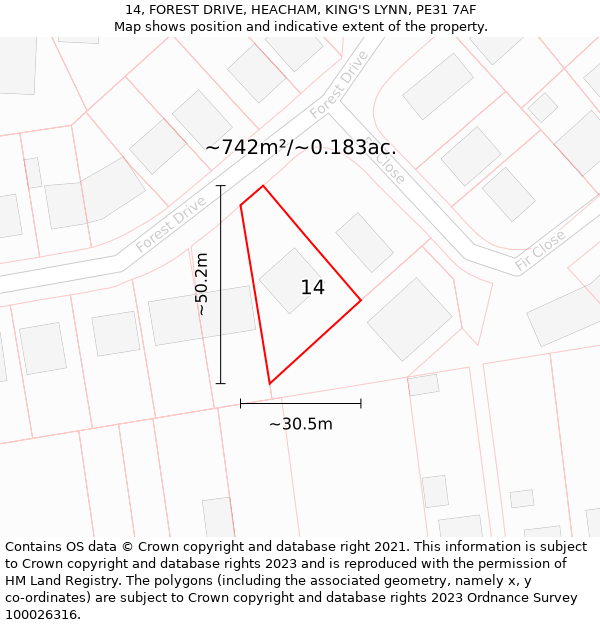 14, FOREST DRIVE, HEACHAM, KING'S LYNN, PE31 7AF: Plot and title map