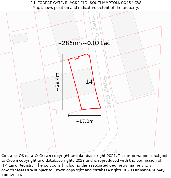 14, FOREST GATE, BLACKFIELD, SOUTHAMPTON, SO45 1GW: Plot and title map