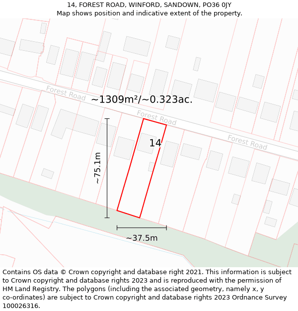 14, FOREST ROAD, WINFORD, SANDOWN, PO36 0JY: Plot and title map