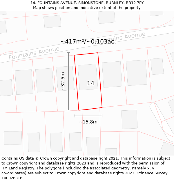 14, FOUNTAINS AVENUE, SIMONSTONE, BURNLEY, BB12 7PY: Plot and title map