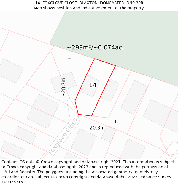 14, FOXGLOVE CLOSE, BLAXTON, DONCASTER, DN9 3PR: Plot and title map