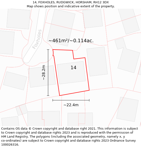 14, FOXHOLES, RUDGWICK, HORSHAM, RH12 3DX: Plot and title map