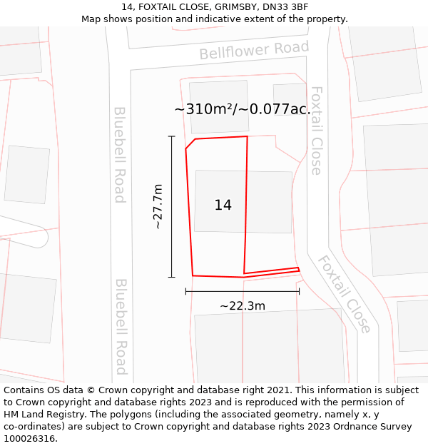 14, FOXTAIL CLOSE, GRIMSBY, DN33 3BF: Plot and title map