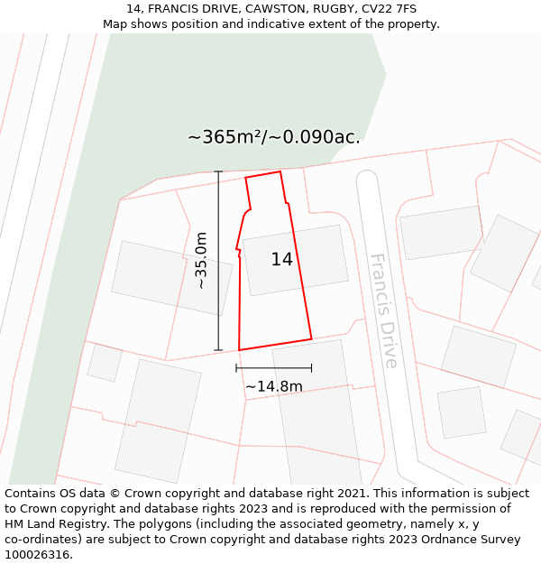 14, FRANCIS DRIVE, CAWSTON, RUGBY, CV22 7FS: Plot and title map