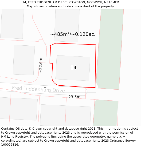 14, FRED TUDDENHAM DRIVE, CAWSTON, NORWICH, NR10 4FD: Plot and title map