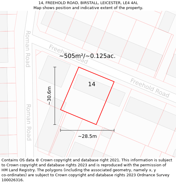 14, FREEHOLD ROAD, BIRSTALL, LEICESTER, LE4 4AL: Plot and title map