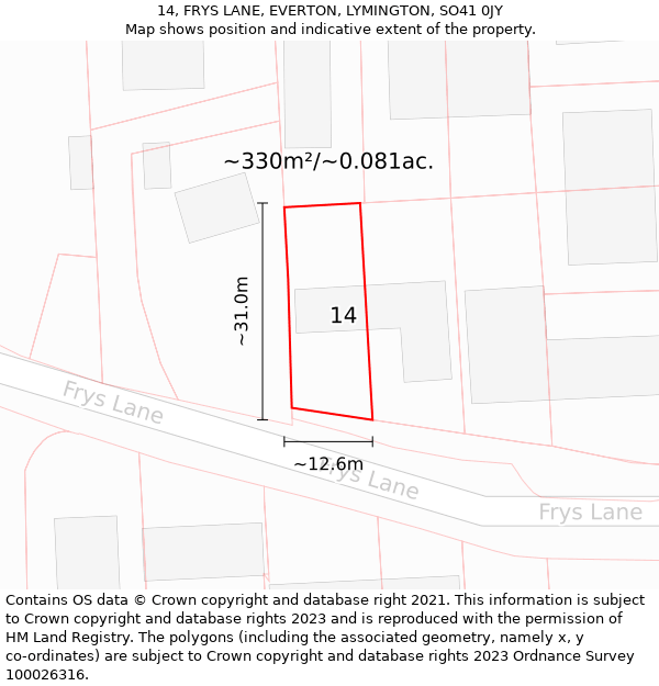 14, FRYS LANE, EVERTON, LYMINGTON, SO41 0JY: Plot and title map