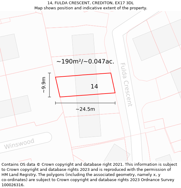 14, FULDA CRESCENT, CREDITON, EX17 3DL: Plot and title map