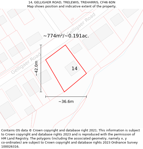 14, GELLIGAER ROAD, TRELEWIS, TREHARRIS, CF46 6DN: Plot and title map