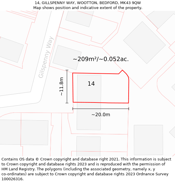 14, GILLSPENNY WAY, WOOTTON, BEDFORD, MK43 9QW: Plot and title map