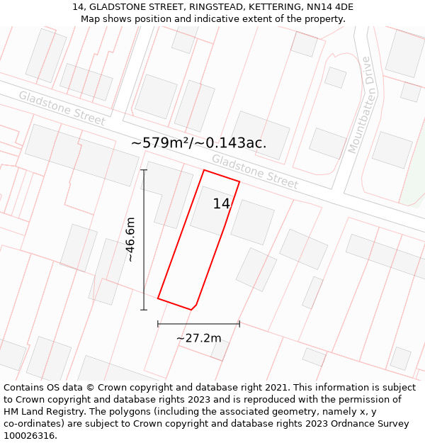 14, GLADSTONE STREET, RINGSTEAD, KETTERING, NN14 4DE: Plot and title map