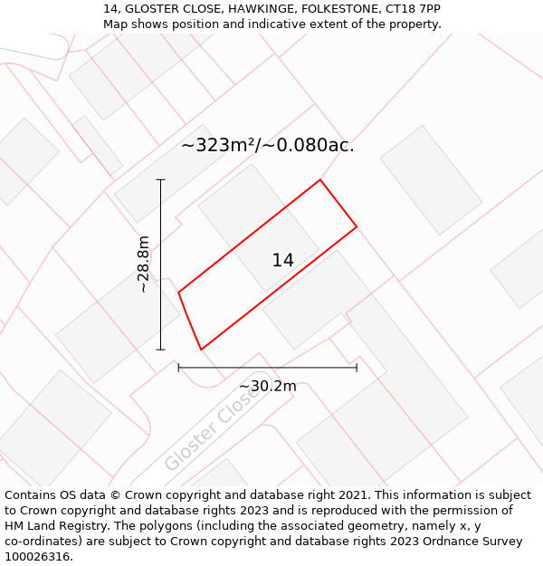14, GLOSTER CLOSE, HAWKINGE, FOLKESTONE, CT18 7PP: Plot and title map