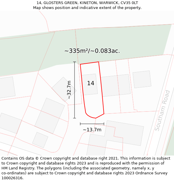 14, GLOSTERS GREEN, KINETON, WARWICK, CV35 0LT: Plot and title map