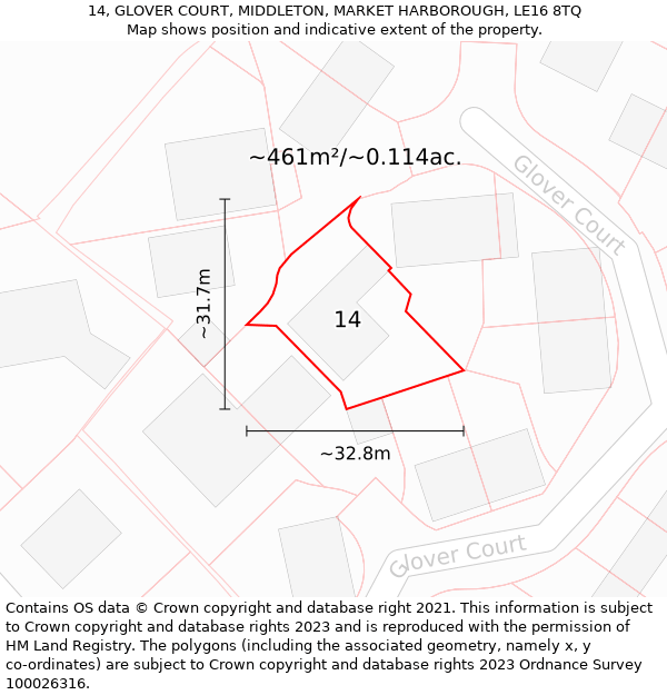 14, GLOVER COURT, MIDDLETON, MARKET HARBOROUGH, LE16 8TQ: Plot and title map