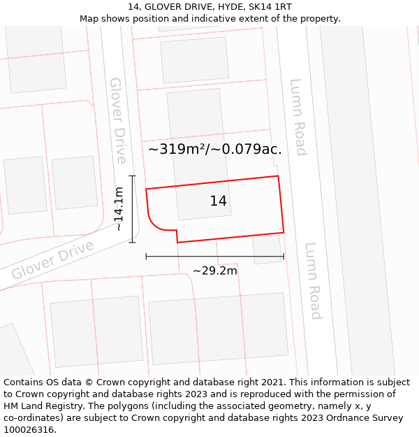 14, GLOVER DRIVE, HYDE, SK14 1RT: Plot and title map