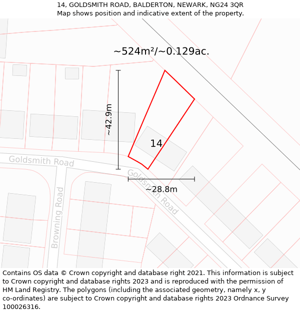 14, GOLDSMITH ROAD, BALDERTON, NEWARK, NG24 3QR: Plot and title map