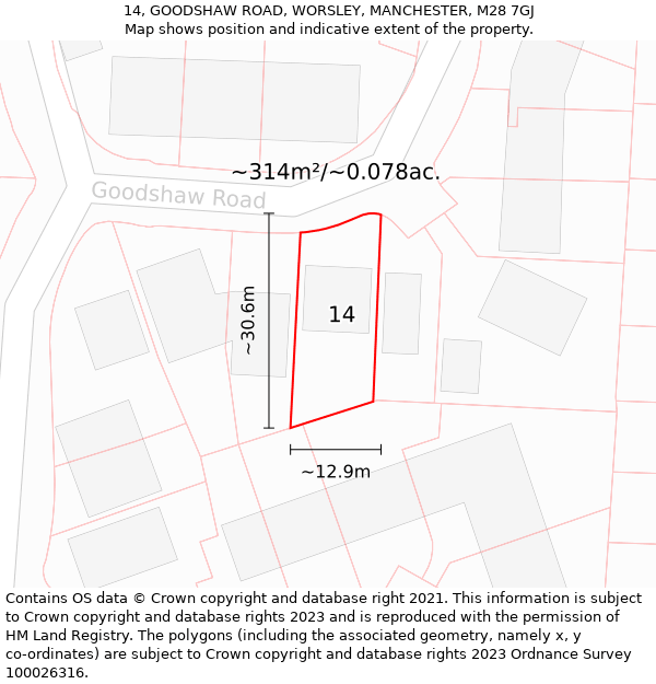 14, GOODSHAW ROAD, WORSLEY, MANCHESTER, M28 7GJ: Plot and title map