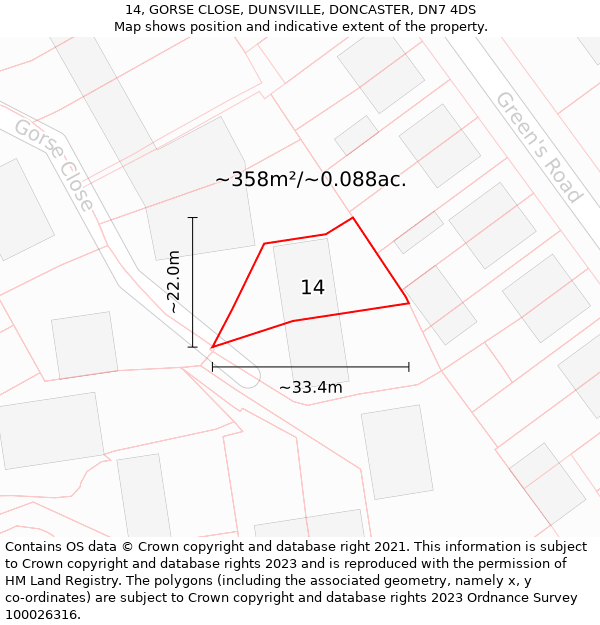 14, GORSE CLOSE, DUNSVILLE, DONCASTER, DN7 4DS: Plot and title map