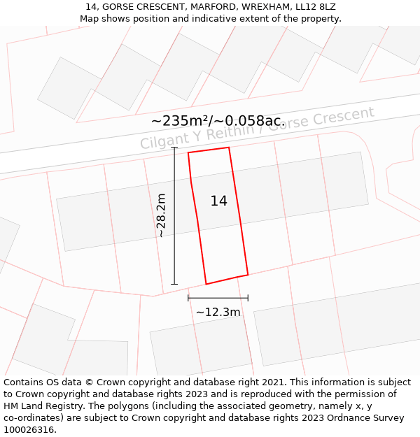 14, GORSE CRESCENT, MARFORD, WREXHAM, LL12 8LZ: Plot and title map