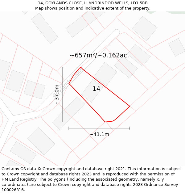 14, GOYLANDS CLOSE, LLANDRINDOD WELLS, LD1 5RB: Plot and title map