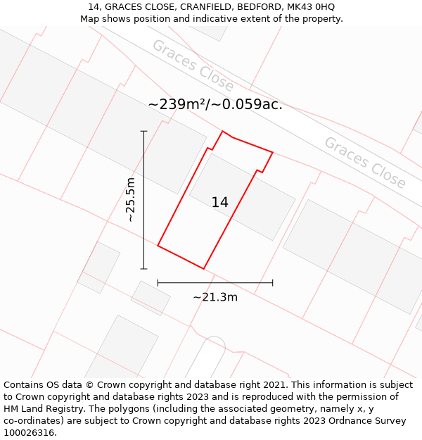 14, GRACES CLOSE, CRANFIELD, BEDFORD, MK43 0HQ: Plot and title map