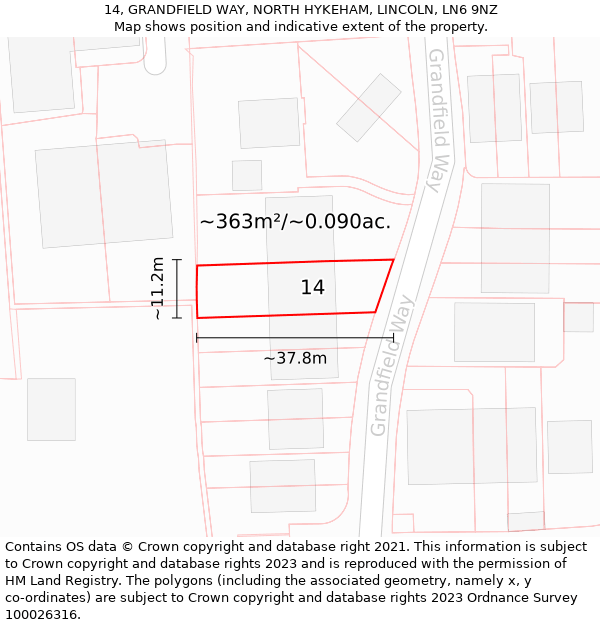 14, GRANDFIELD WAY, NORTH HYKEHAM, LINCOLN, LN6 9NZ: Plot and title map