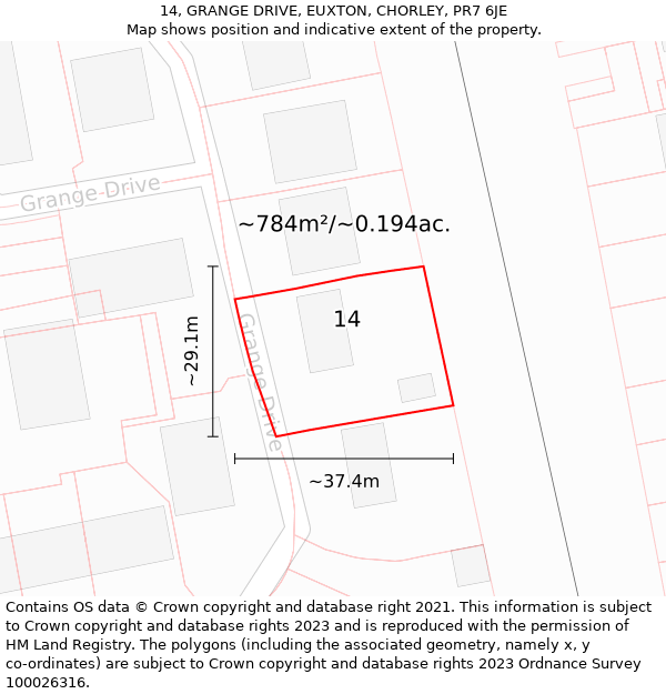 14, GRANGE DRIVE, EUXTON, CHORLEY, PR7 6JE: Plot and title map