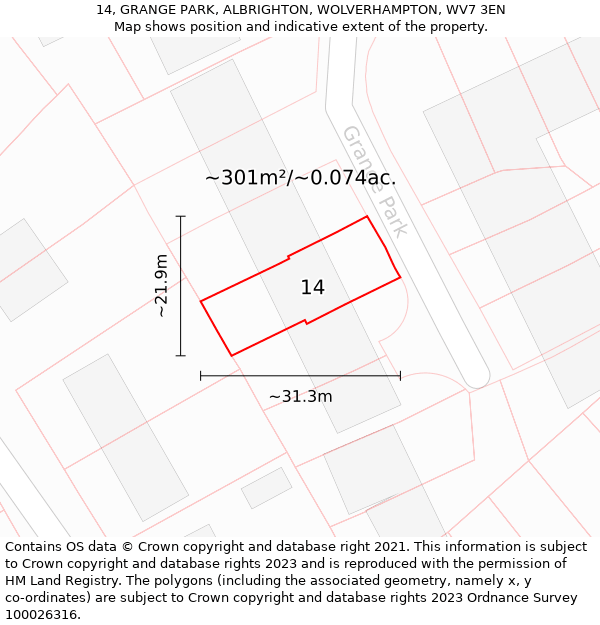 14, GRANGE PARK, ALBRIGHTON, WOLVERHAMPTON, WV7 3EN: Plot and title map