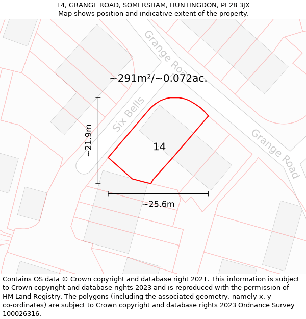 14, GRANGE ROAD, SOMERSHAM, HUNTINGDON, PE28 3JX: Plot and title map