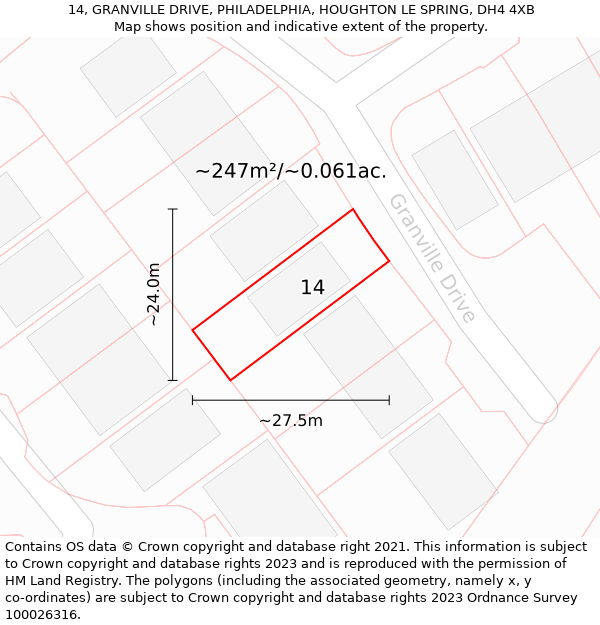 14, GRANVILLE DRIVE, PHILADELPHIA, HOUGHTON LE SPRING, DH4 4XB: Plot and title map