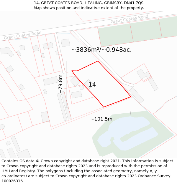 14, GREAT COATES ROAD, HEALING, GRIMSBY, DN41 7QS: Plot and title map