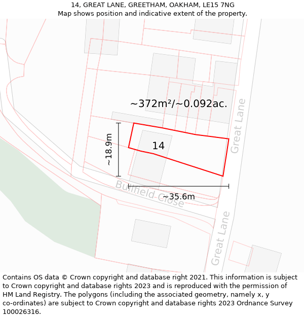 14, GREAT LANE, GREETHAM, OAKHAM, LE15 7NG: Plot and title map