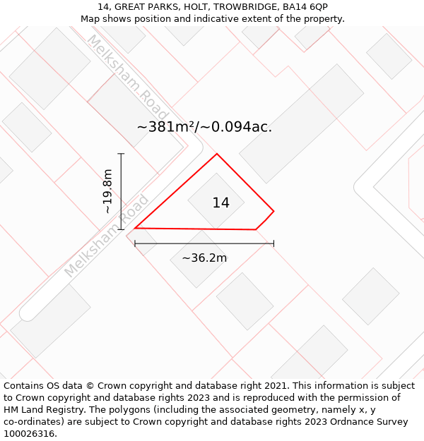 14, GREAT PARKS, HOLT, TROWBRIDGE, BA14 6QP: Plot and title map