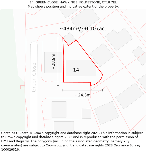 14, GREEN CLOSE, HAWKINGE, FOLKESTONE, CT18 7EL: Plot and title map