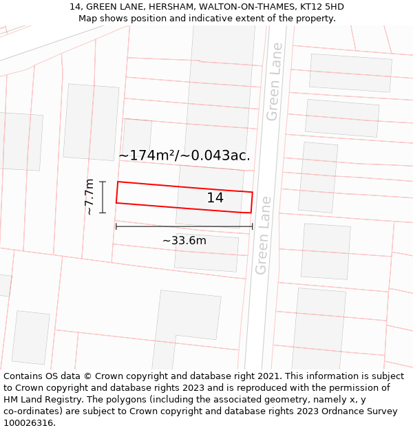 14, GREEN LANE, HERSHAM, WALTON-ON-THAMES, KT12 5HD: Plot and title map