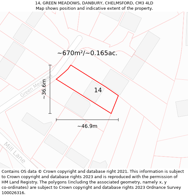 14, GREEN MEADOWS, DANBURY, CHELMSFORD, CM3 4LD: Plot and title map