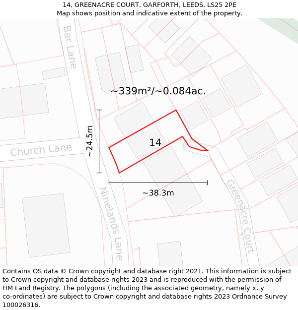 14, GREENACRE COURT, GARFORTH, LEEDS, LS25 2PE: Plot and title map