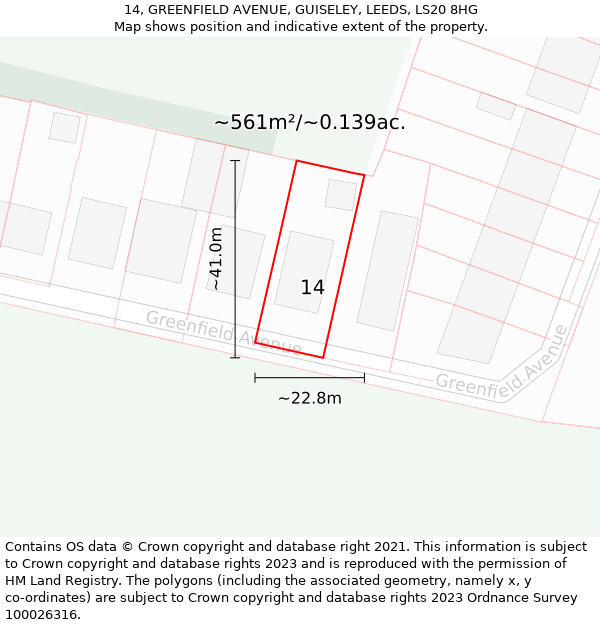 14, GREENFIELD AVENUE, GUISELEY, LEEDS, LS20 8HG: Plot and title map