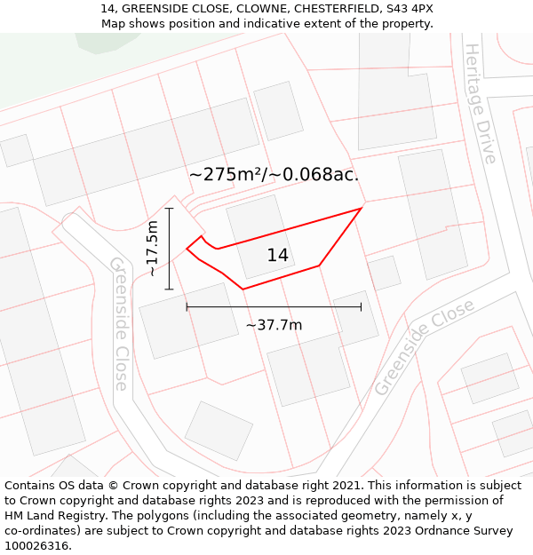 14, GREENSIDE CLOSE, CLOWNE, CHESTERFIELD, S43 4PX: Plot and title map