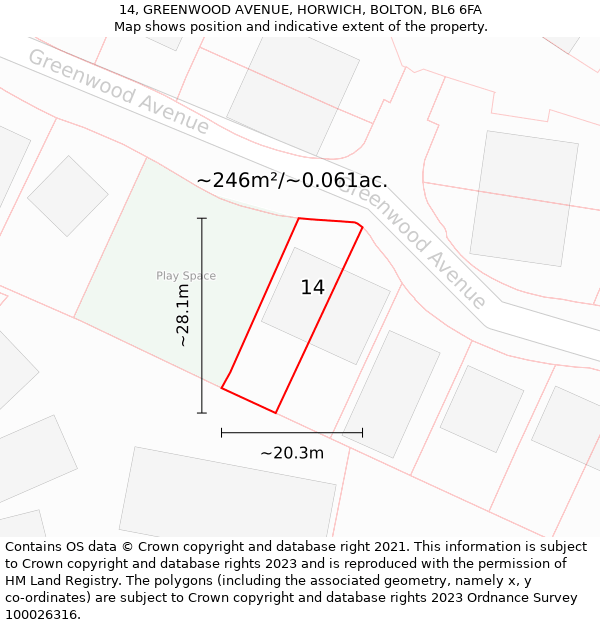 14, GREENWOOD AVENUE, HORWICH, BOLTON, BL6 6FA: Plot and title map