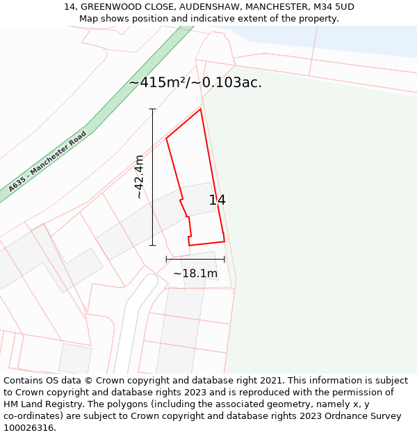 14, GREENWOOD CLOSE, AUDENSHAW, MANCHESTER, M34 5UD: Plot and title map