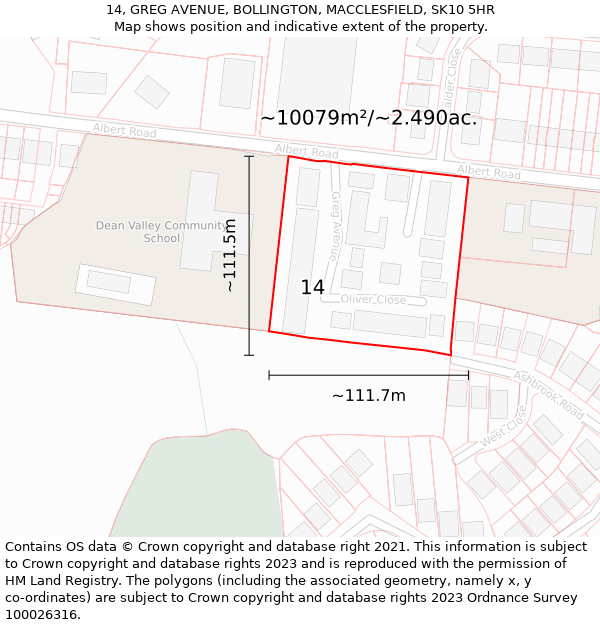 14, GREG AVENUE, BOLLINGTON, MACCLESFIELD, SK10 5HR: Plot and title map