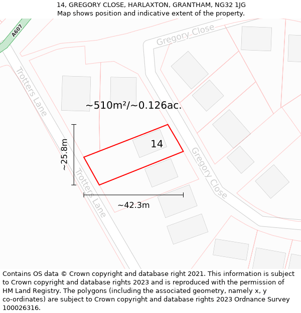 14, GREGORY CLOSE, HARLAXTON, GRANTHAM, NG32 1JG: Plot and title map