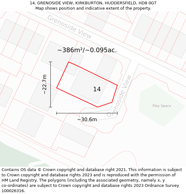 14, GRENOSIDE VIEW, KIRKBURTON, HUDDERSFIELD, HD8 0GT: Plot and title map