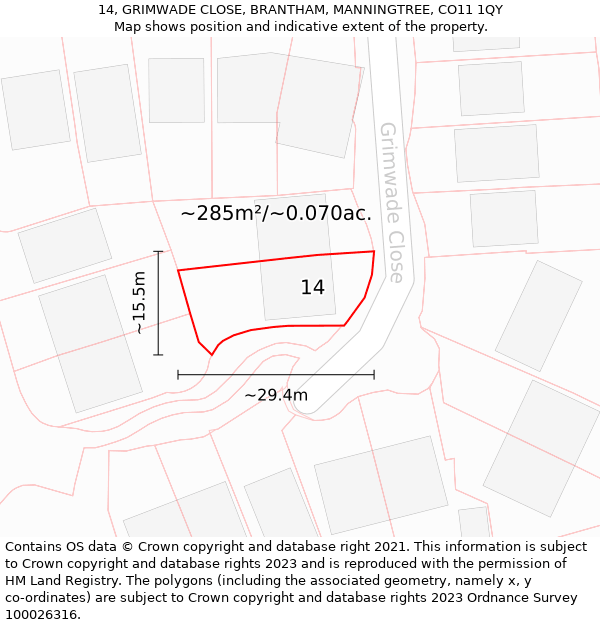 14, GRIMWADE CLOSE, BRANTHAM, MANNINGTREE, CO11 1QY: Plot and title map